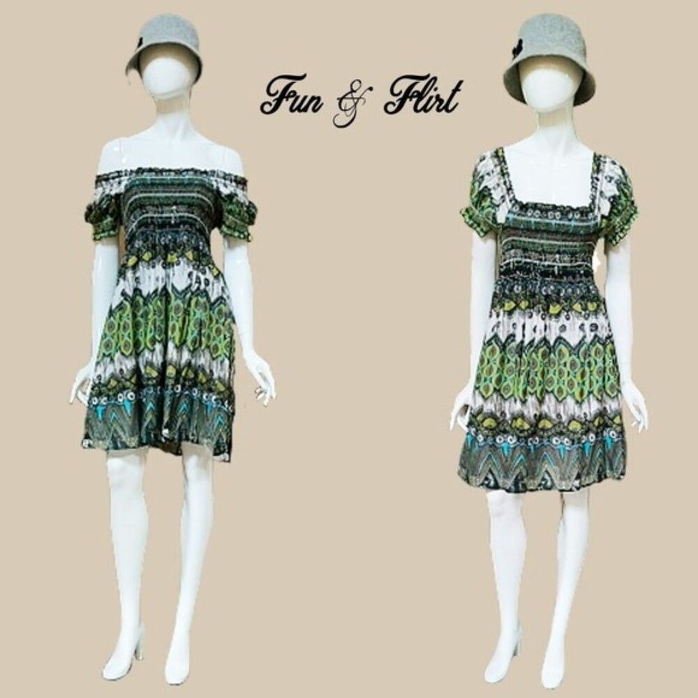 FUN & FLIRT NEW Boho Batik Peacock Off Shoulder Smock Mini Dress S